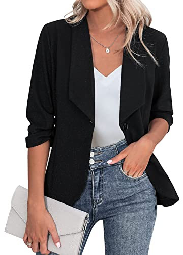 Zeagoo Damen Business Blazer Elegant 3/4 Arm Offene Front Cardigan Einfarbig Longblazer mit Knopf Freizeit Arbeit Outwear Schwarz L