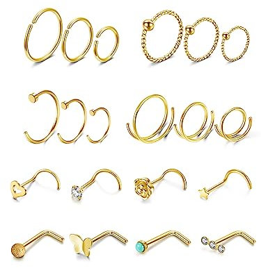 PiercingJak 20Pcs Piercing Nez Anneau Or Piercings Nez Courbe Tige L Strass Faux Piercing Anneau Nez Septum Acier Inoxydable Doré Piercing au Nez Tragus Hélix Cartilage Bijoux de Corps Femme Homme