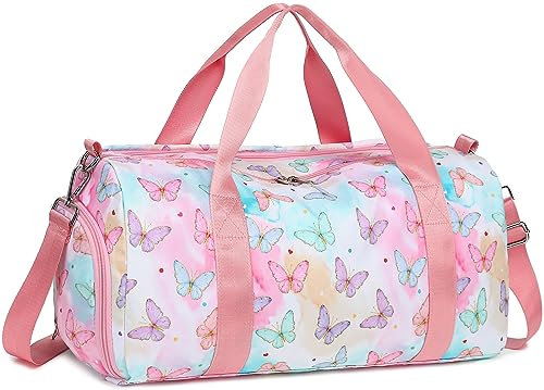 Sporttasche mit Nasstasche, Wochenendtasche, Übernachtungstasche mit wasserdichtem Schuhbeutel und Luftloch für Mädchen, Kinder, Damen, faltbare Reisetaschen, Schmetterling pink, Turnbeutel