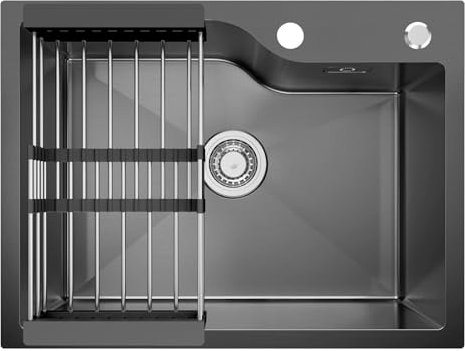 CECIPA Fregadero Cocina Negro 60 x 45 cm, Fregadero Cocina 1 Seno con Colador Extensible, Fregadero Negro de Acero Inoxidable, Fregaderos Modernos para Cocina con sifón, Juego de Desagüe