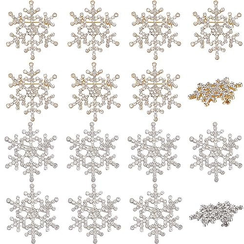 GORGECRAFT 10 Pcs 2 Couleurs Noël Flocon de Neige Broche Broche Cristal Strass Poitrine Fleur Embellissement Bouton Revers Badge Épingle pour Femme DIY Mariage Robe de Mariée Bouquet Décor Or Argent