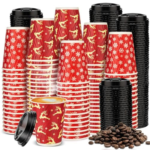 Maxcheck 100 Stück Weihnachtsbecher mit Deckel, 340 ml, Einweg-Kaffeetasse, isoliert, geriffelte Wand-Pappbecher, Urlaubsteetasse für Schokolade, Weihnachtsfeier, Dekoration (Elch- und