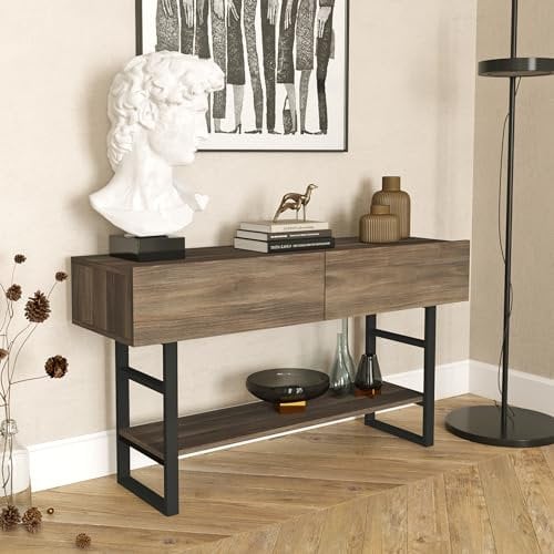 [en.casa] Mesa Consola con 2 Puertas Mesa de Entrada con Estante Adicional para Salón Recibidor Metal/Aglomerado 139 x 43 x 76 cm - Efecto Roble Oscuro/Negro