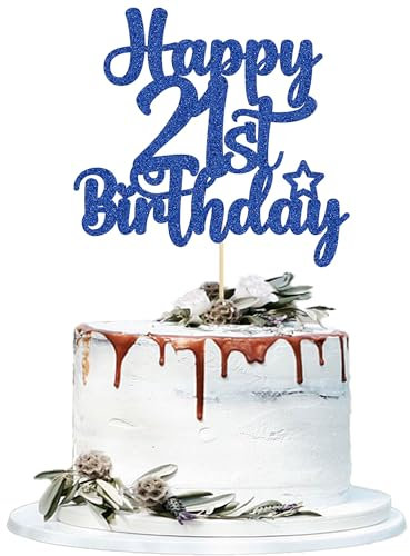 Gyufise 1Pc Glitter 21st Birthday Cake Topper - Fabulous Cheers to 21 Years Old Party Decorations in Blue