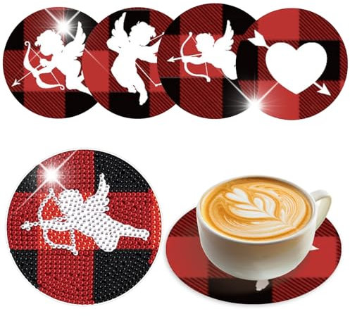 SHEGZHUC Diamond Painting Dessous de Verre Cupidon Tir à l'arc Lot de 4 Diamond Painting sous Verre Diamant Painting avec Support Broderie Diamant sous Verre Cœur pour Café Tasses à Thé et Boissons