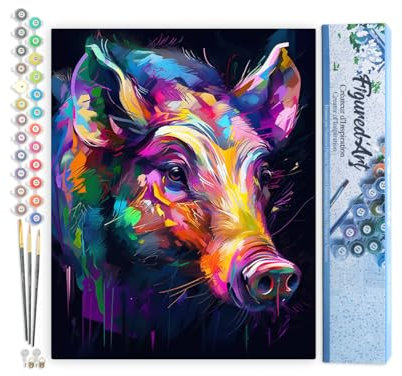 Figured'Art Peinture par Numéro Adulte Sanglier Coloré Abstrait - Activité Manuelle Kit de Loisir Créatif DIY Numéro d'Art Complet Animaux - 40x50cm sans châssis en bois