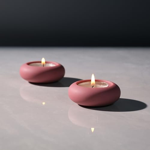 ICNBUYS Handgefertigter dekorativer Kieselstein-Teelichthalter, 2er-Set, handgefertigter Deko-Akzent zur Beruhigung von erdigem, ästhetischem Zement, Rosa, Durchmesser 6,6 cm