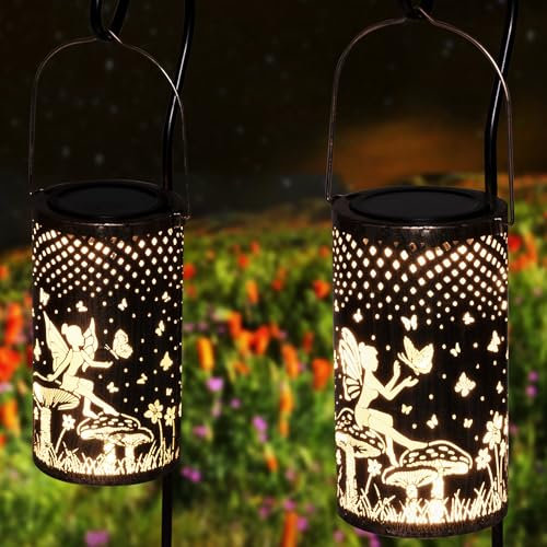 Freekite 2 Stück Solarlaterne für Außen, Retro Engel Schmetterlings Solarlaterne für Außen mit Hirtenhaken, Solar Lampions Außen Wetterfest für Garten Draußen Gartendeko Patio Rasen Geschenk