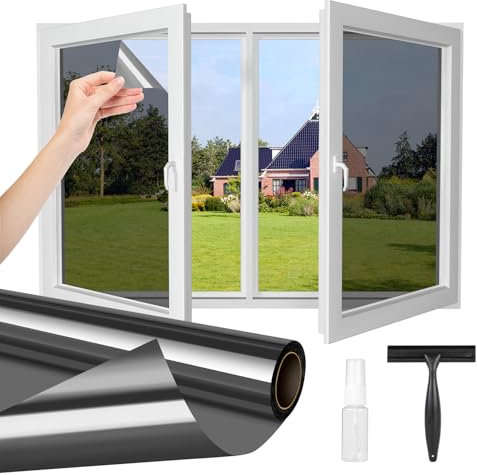 AiQInu Vinilo Espejo para Ventanas 44.5x200cm, Lámina Protector Solar Privacidad, Película Adhesiva, Anti 99%-UV Película de Aislamiento Adecuada para Hogar, Oficina