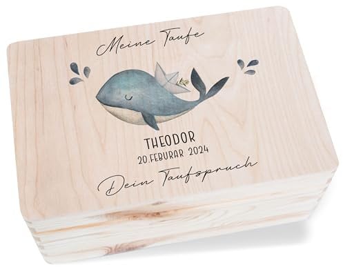 Holz Erinnerungsbox Baby Geschenkbox Holzkiste Baby - Meine Taufe Wunschtext mit Wal und Name Geschenk Holzbox Taufgeschenk I - 30 x 20 x 14 - Holz - taufgeschenke jungen patenkind von patin