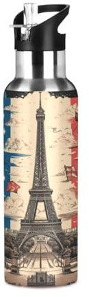 Art Tour Eiffel Drapeau Français Bouteille d'eau Isotherme avec Paille en Acier Inoxydable Gourde, Sans BPA Gourdes Eau pour Enfant Sport Randonnée École Bureau (600ml/1L)