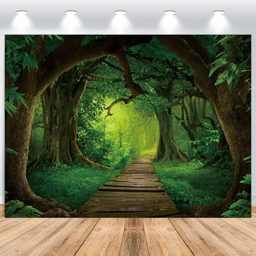 ASDCXZ Grün Wald Fotowand Hintergrund 2.2x1.5m, Verzauberte Naturlandschaft Dschungel Regenwald Camping Abenteuer Fotografie Hintergrund Banner Safari Theme Geburtstag Party Foto Studio Requisiten