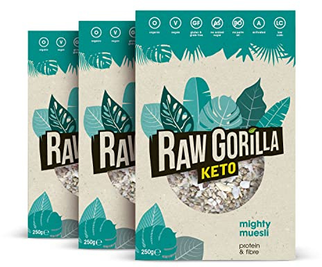 Raw Gorilla Keto Mighty Muesli 3 Packs of 250g | Low Sugar, Vegan, No Added Sugar, Low Carb 4g Net Carbs, Plant Based Breakfast Cereal with Activated Nuts, Grain & Gluten Free