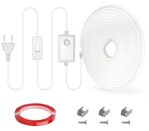 RYE 230V Direktanschluss COB LED Neon Streifen, Mit Schalten und Dimmen, 360LEDs/M, Outdoor Wasserdicht IP65, für Küche,Badezimmer, 20M Strip Band 6000K Kaltweiß Mit Doppelseitig Klebend und Klammern