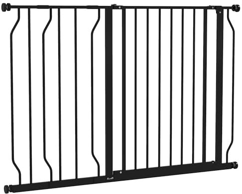 PawHut Türschutzgitter Treppenschutzgitter mit 10/20 cm Verlängerung Türgitter ohne Bohren Treppengitter für Breiten 75-115 cm Beidseitig Schwenkbar Stahl Schwarz