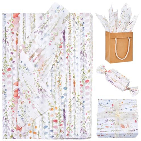 GORGECRAFT 100 Stück Wildblumenkunst Frühlings Aquarell Blumen Geschenkpapier Vintage Buntes Wildblumen Seidenpapier Recycelbar DIY Kunst Bastelpapier Für Geburtstag Hochzeit Geschenkverpackung