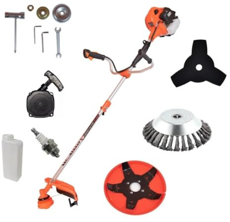 Desbrozadora Profesional de Gasolina Multifunción de 65CC, 3 CV - con Correa para el Hombro, Cuchilla, Carrete, Sistema Antivibración y Cortadora, Motor de 2 Tiempos