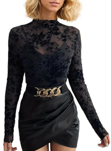 EMOTTOS Women's Sexy Mesh Long Sleeves Crop Tops High Neckline Y2K with Floral Pattern, Ladies See Through Sheer Tops for Women, Black, S