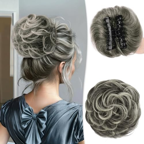 RUWISS Chignon Capelli 100% Umani con Pinza Posticci per Capelli Chignon Ondulato Estensioni per Coda di Cavallo Capelli Umani con Clip per Donne(Punte Nero Misto Grigio e Biondo Platino)