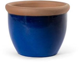 Teramico Pflanzgefäß Blumentopf Steinzeug glasiert mit braunem Rand - Handarbeit 25cm - 42cm (Royal Blau, 32cm)