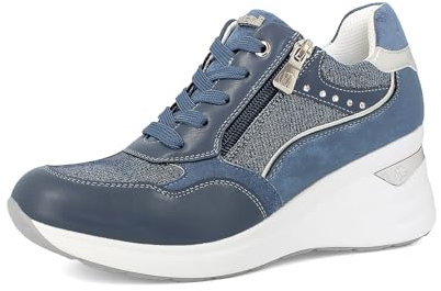 inblu Scarpe da Ginnastica Donna Colorate e Strass Laterali con Leggero Tacco, Chiusura con Lacci e Cerniera, Jeans, 36 EU