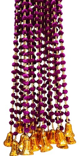 Estationeryhouse Indische handgefertigte Pompon-Girlande mit Glocken, ca. 152 cm, 2 Girlanden, Diwali-Dekor, Weihnachtsdekoration, Violett