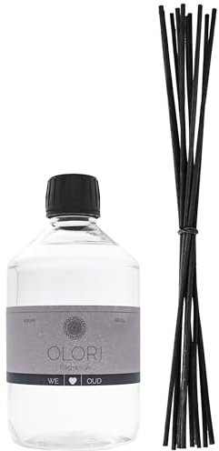 Luxus Raumduft Oud Nachfüller inkl. 10 Rattan-Stäbchen mit ätherischen Ölen - Extra langanhaltende Formel - Nachfüllflasche im Set mit Duftstäbchen (500ml Duft: waldig, holzig, würzig)