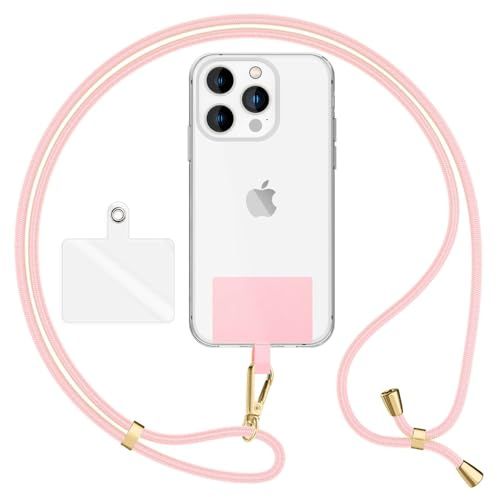NALIA Universal Handykette für alle Smartphones, Pastell Rosa, Gold Metall | Klebefreie Montage, Reißfestes Nylon-Gewebe, Klarer und farbiger Einleger, Auch für Kamera und Wallet, HOLDME AIR