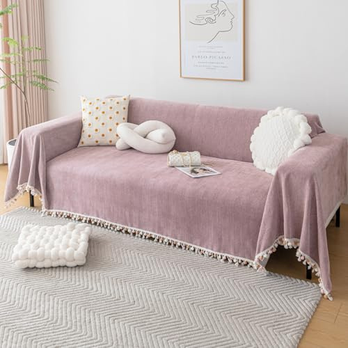 VanderHOME Copridivano in Colori Puri - Telo Divano Antimacchia, Foulard Copridivano Morbida Con Nappe Decorative, Traspirante e Leggera Per Divano, Letto e Viaggio 230 * 380cm-Rosa