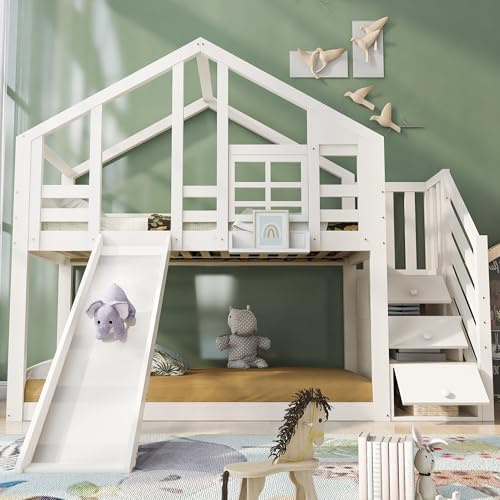 AilZylphera Kinderbett-Etagenbett 90x200 cm für 2 Kinder, Hausbett/Hochbett mit Rutsche und Stauraumtreppe, bettgestell mit Rausfallschutz und Lattenrost, Kinder Bett ohne Matratze, weiß (1)