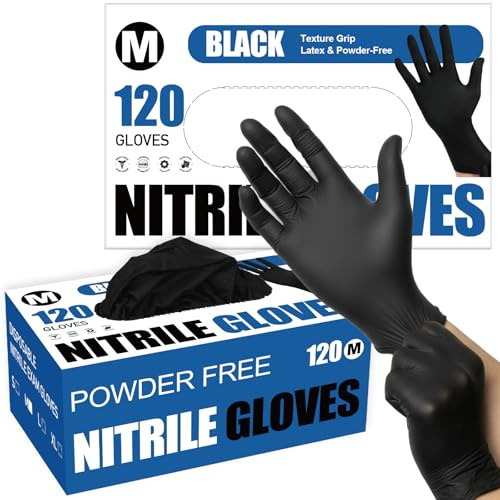 Fixwal Disposable Black Nitrile Gloves, Medium, 4 Mil, 120 Count | Food-Grade Protection with Textured Grip, Oil & Grease Resistant for Cleaning and Food Prep, Latex-Free, Powder-Free