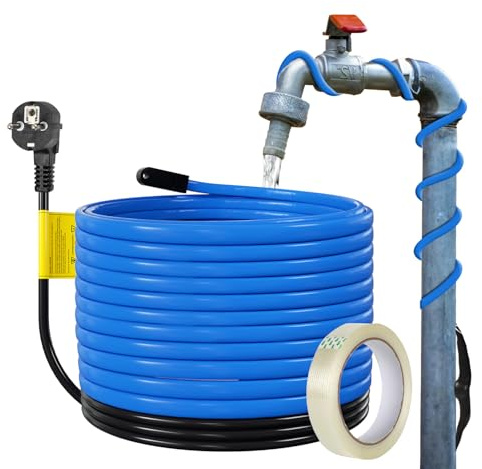 2x Fiqops Cable calefactor antihielo 4M, Cable calefactor autorregulante con termostato incorporado, con cinta adhesiva de 10m para la tuberías de agua, 230V IP68 Azul