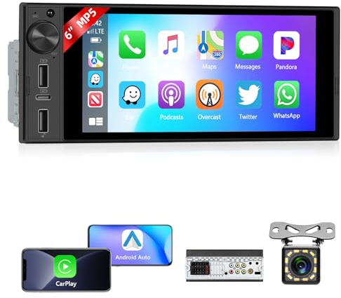 Motorsi Carplay 1 Din Car Stereo, 6 Zoll HD Touchscreen Single Din Wireless Android Auto Autoradio, Unterstützung Bluetooth 5.2, MirrorLink, FM Radio, USB2.0, AUX, Laden, Fernbedienung