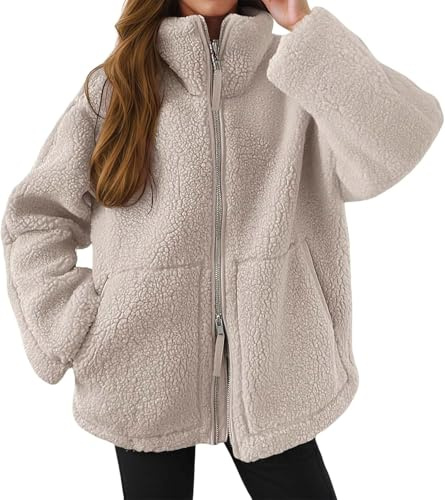 Teddy Fleecejacke Damen,Freizeit Winterjacke mit Taschen und Reißverschluss