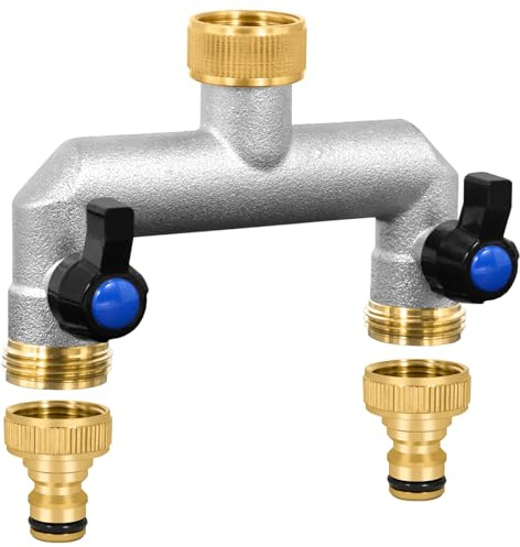 Distributore d'Acqua per Rubinetto a 2 Vie, distributore d'Acqua da 3/4 Pollici in Ottone, Collegamento idrico distributore, per Tubi da Giardino con Adattatore da 3/4 (Long Handle)