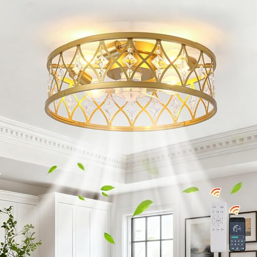 Ganeed Caged Ceiling Fan with Lights and Remote Gold Drop 4 Lights | Crystal Style Farmhouse Ceiling Lighting Low Profile Ceiling Flush Mount Lamp E27 with Remote Control