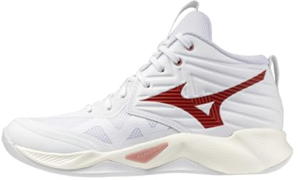 Mizuno Wave Momentum PRO Mid, Volleyballschuhe, Weiß und Rot, Enerzy NXT Dämpfung, Wave Stabilität