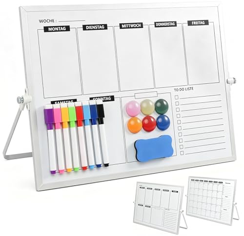 Doppelseitiges Whiteboard mit Ständer, Wochenplaner Monatsplaner Whiteboard Magnetisch, 40x30cm Wochenplaner Abwischbar inkl 8 Marker, 6 Magnete, 1 Schwamm ﻿ (Grau)