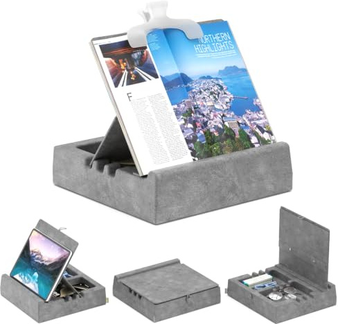 KDD Buchständer Kissen mit Buchklemme und Stauraum, Verstellbarer Buchhalter zum Lesen für Schoß Bett Schreibtisch Couch, Faltbarer Tablet Kissen Halter für Bücher Tablets E-Reader - Grau