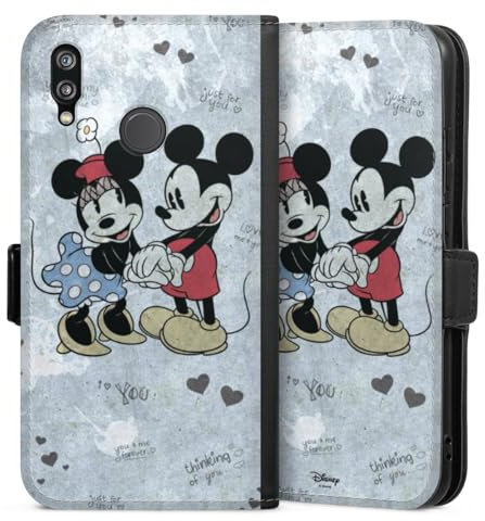 Klapphülle kompatibel mit Huawei P20 Lite Handyhülle aus Kunst Leder schwarz Flip Case Disney Mickey & Minnie Mouse Vintage