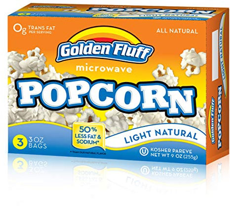 Golden Fluff Microwave Popcorn, Light Natural Flavour - Pack of 3 x 3 Bags Each (9 Popcorn Bags) (85g) - 50% Less Fat & Sodium, Kosher Pareve, Gluten Free Snacks - All Natural & Easy-to-Prepare Snack