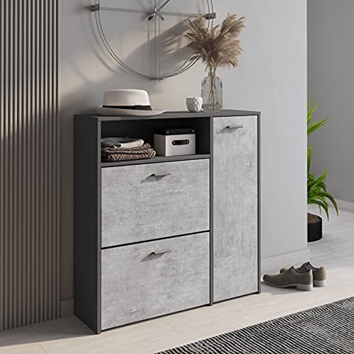 Dmora Scarpiera Moderna Con 3 Ante, Portascarpe Da Ingresso Per 24 Paia Di Scarpe, Ripiani Standard, Made In Italy, 91x27h94, Colore Antracite E Cemento