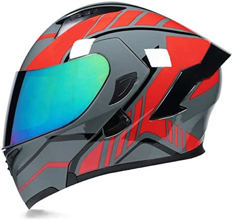 Woljay Full Face Flip Up Motorcycle Modular Helmet Integrated Motorbike Dual Visor for Adults Men Women Moped Street Racing DOT Approved (M,Grey Red-Multicolor Visor)