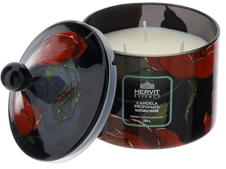 Hervit Duftkerze Baccarat aus schwarzem Glas mit Rosen und Deckel Duft Saturn Rose mit Geschenkbox 2 Farben 2 Größen - Kerze im Behälter Elegantes Design - Ø9,5xH12cm 260g