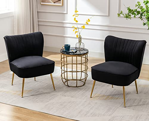 Wahson Samt Sessel Wohnzimmer 2er Set moderner Loungesessel Geplosterter Ohrensessel mit goldenen Metallbeine für Wohnzimmer/Schlafzimmer, Schwarz