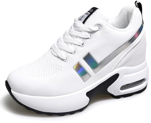 tqgold® Wedges Sneaker Damen mit Keilabsatz 8cm Sportschuhe Turnschuhe Plateau Schuhe Weiß Größe 37