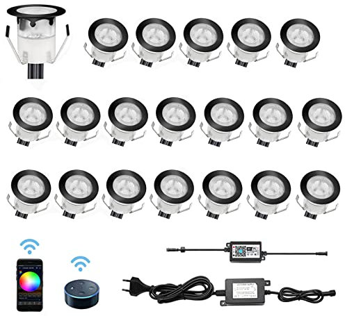 CHNXU 20er Set LED Bodeneinbauleuchte, WiFi RGB LED Einbaustrahler Steuerbar via App, IP67 Wasserdicht Außen Boden Lampe Ø30mm Treppen Einbaustrahler Kompatibel mit Amazon Alexa, Google Home, Schwarz