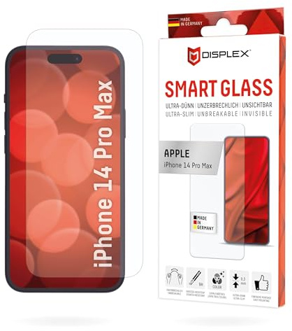 Displex Smart Glass (9H) für Apple iPhone 14 Pro Max, Montagesticker, unzerbrechlich, ultra-dünn, unsichtbar