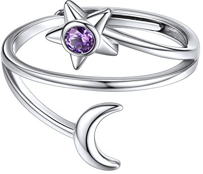 ChicSilver Damen Stern und Mond Ring Silber Verlorbungsring Hochzeit Ring mit Zirkonia Funkelnder Ring mit Amethyst für Braut Brautjungfer