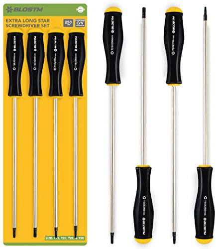BLOSTM Long Star Screwdriver Set - TX Star Head Screwdrivers - T15, T20, T25 & T30 - Durable Chrome Vanadium Steel, with Magnetic Tips & Soft Grip Handles - 250mm Extra Long Screwdriver Set - 4 PCS